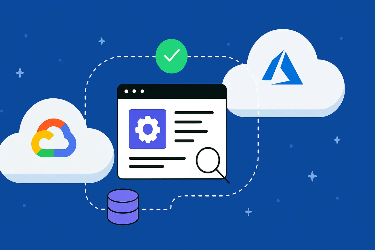 An abstract illustration of a multi-cloud architecture with Azure and Google Cloud logos