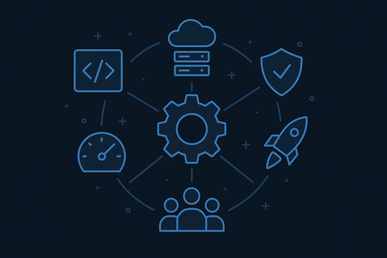 An abstract illustration of Telenor's Platform's operating model with various symbols representing its components