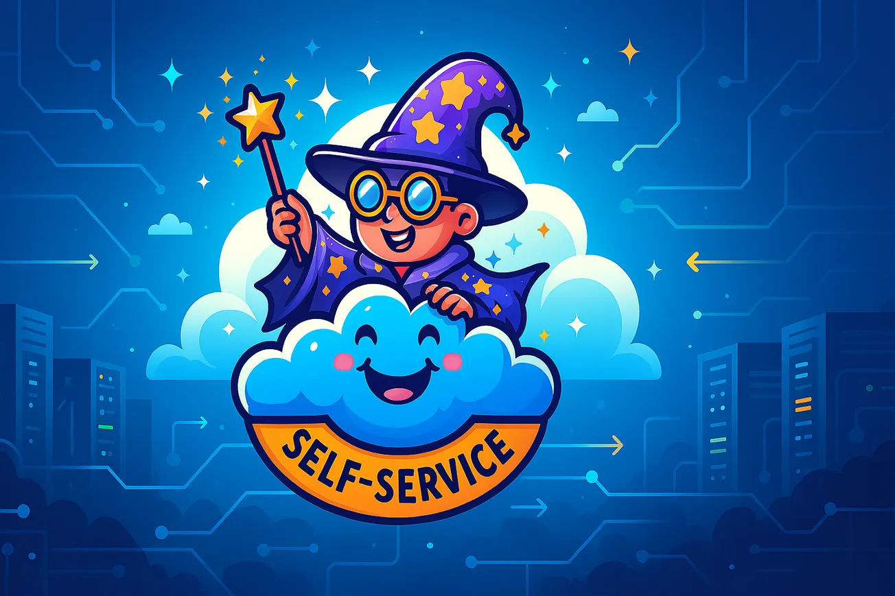 A funny looking wizard with a wand on a cloud, symbolizing self-service infrastructure